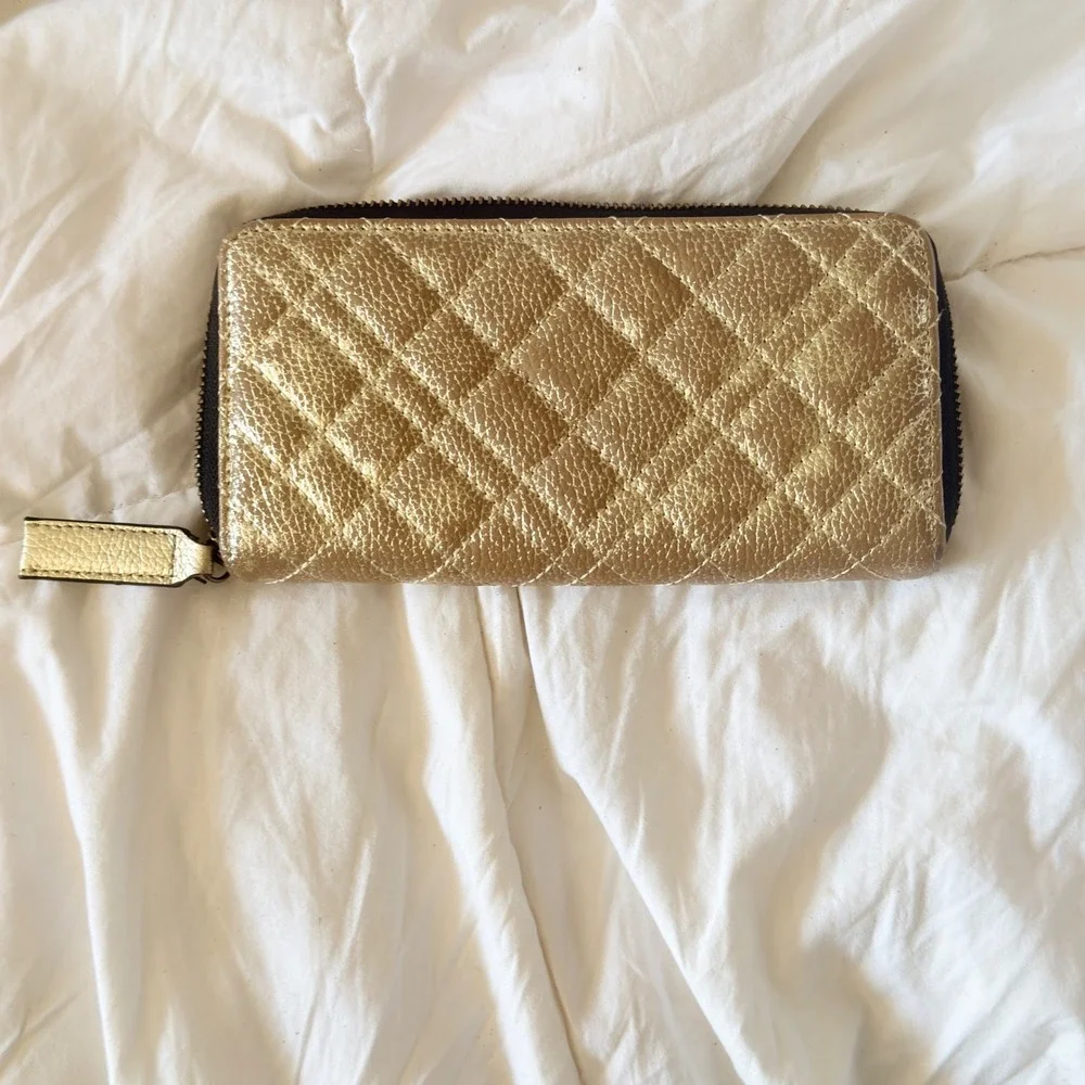 Kurt Geiger Zip Around Wallet Womens OS Gold Good Quilted Metallic Leather Luxe